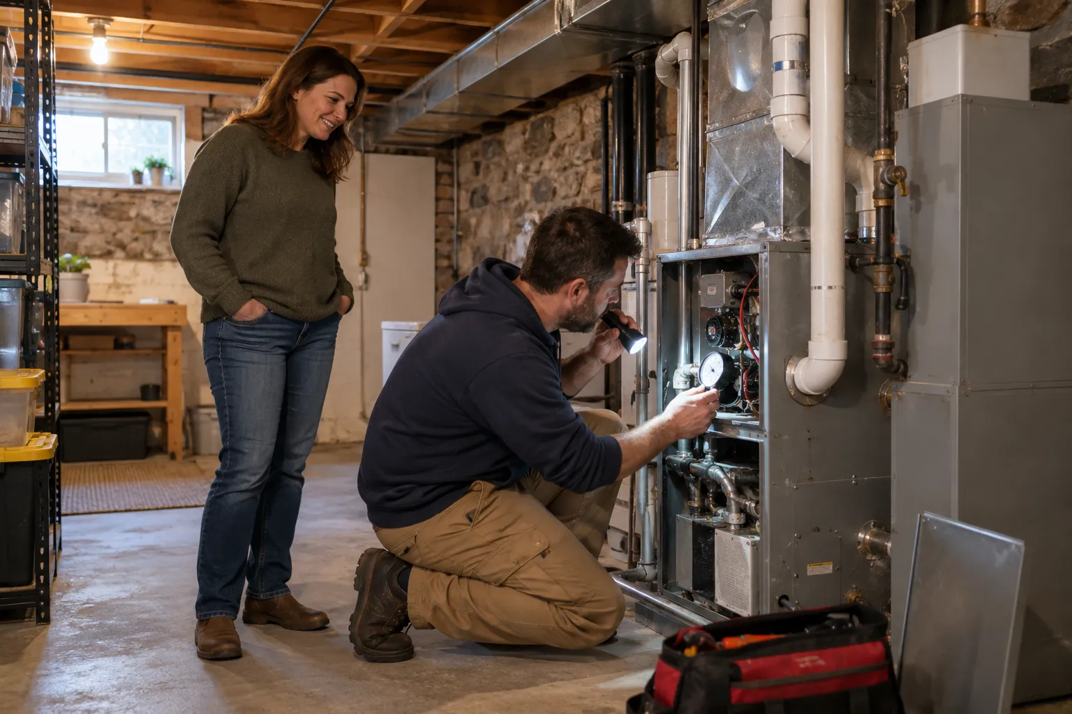 A provider checking a furnace in a home near Agawam Town