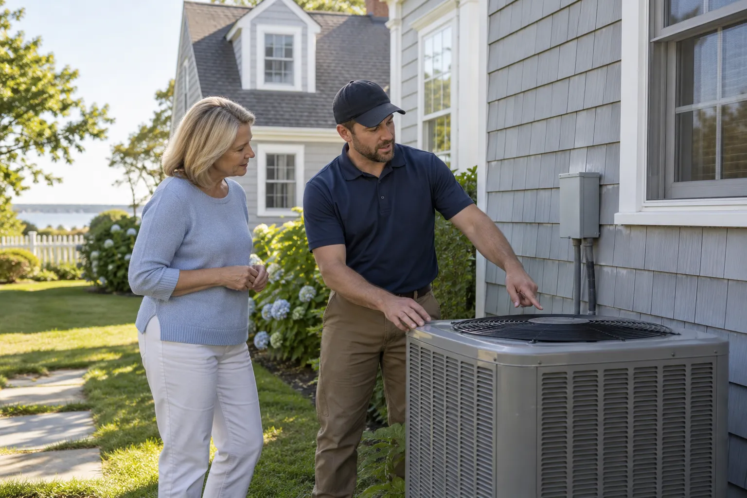 A homeowner talking with an HVAC provider beside an outdoor AC unit in Agawam Town